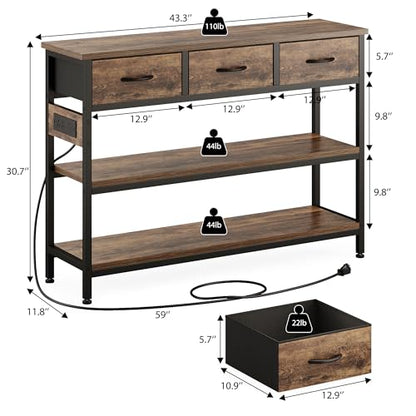 Entryway Table with Outlets, 3 Fabric Drawers, 43 in Console Table | 43.3"W x 11.8"D entry table with 2 outlets, 2 USB ports, swappable plug side, adjustable feet and anti-tip kit.
