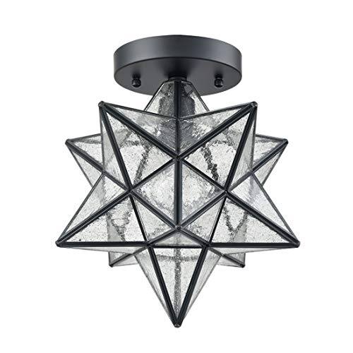 Moravian Star Light Flush Mount Ceiling Light with Seeded Glass Shade Black for Living Room Bedroom Bathroom Hallway