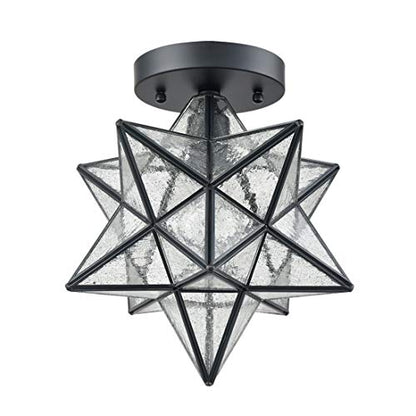 Moravian Star Light Flush Mount Ceiling Light with Seeded Glass Shade Black for Living Room Bedroom Bathroom Hallway