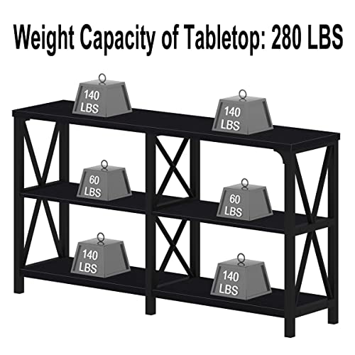 Black Console Table, Modern Sofa Table Behind Couch, Industrial Entryway Table for Hallway Living Room, Farmhouse Wooden Metal Entry Table for Foyer with 3-Tier Storage Shelves, Black Oak, 55 Inch