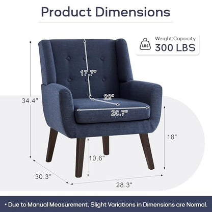 Accent Chair Living Room Chair, Upholstered Button Tufted Armchair, Linen Fabric Sofa Chairs for Bedroom, Living Room, Mid Century Modern Comfy Reading Chair (Dark Blue)