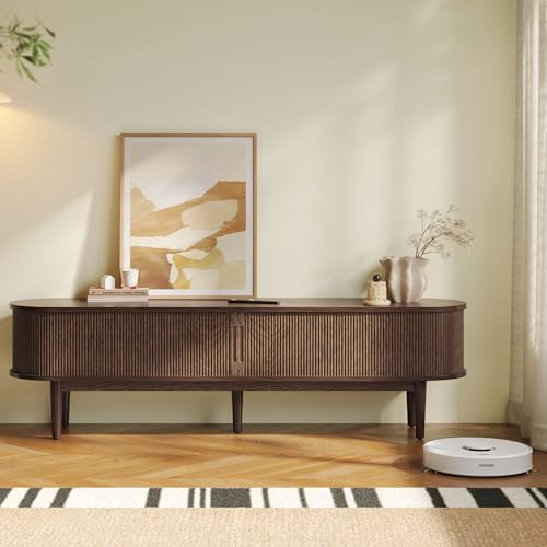 70" Fluted TV Stand for TVs up to 80 Inch, Mid Century Modern Entertainment Center with Storage Cabinet and Sliding Doors, Farmhouse Wood Media TV Console for Living Room, Bedroom, Walnut