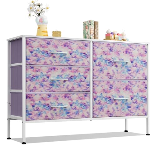 Dresser for Bedroom with 5 Drawers, Wide Chest of Drawers for Bedroom, Fabric Dresser for Living Room, Closet, Hallway, Tie-dye Print (Pink, Purple, Blue)