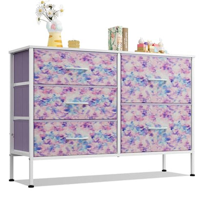 Dresser for Bedroom with 5 Drawers, Wide Chest of Drawers for Bedroom, Fabric Dresser for Living Room, Closet, Hallway, Tie-dye Print (Pink, Purple, Blue)