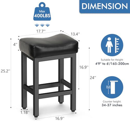 Counter Height Bar Stools Set of 2, 24 Inch Barstools for Kitchen Island Counter, Bonded Leather Kitchen Stools with Thick Saddle Seats & Heavy Duty Metal Base, Easy Assembly, All Black