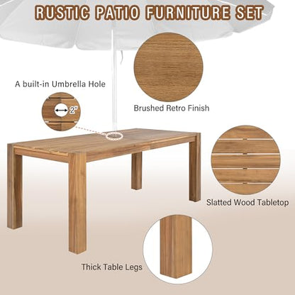 7 Piece Patio Dining Table Set with Umbrella Hole, Outdoor Acacia Wood Furniture Set with Removable Cushion for Garden, Backyard, Lawn, Poolside (Beige,Light Teak)