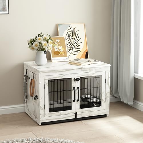 Wooden Dog Crate Furniture with 360°Rotatable Removable Dog Bowls, view 7