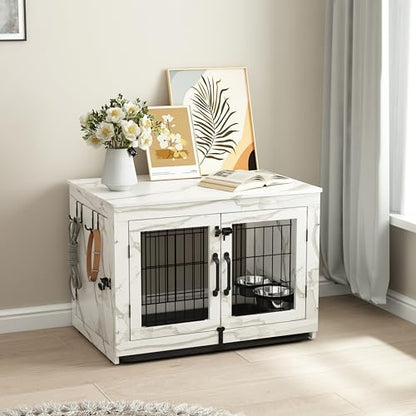Wooden Dog Crate Furniture with 360°Rotatable Removable Dog Bowls, view 7