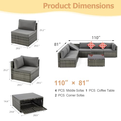 7 Piece Patio Furniture Set with Adjustable Bracket All-Weather Wicker Conversation Set with Coffee Table for Porch Garden Backyard (Gray)