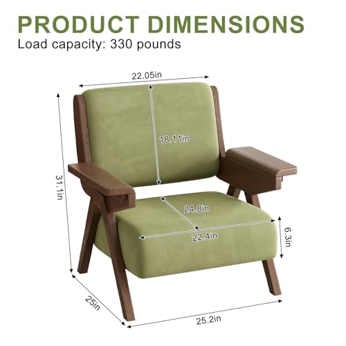 Accent Chair, Mid-Century Modern Velvet Lounge Chair with Wood Arms | Thick Cushioned Seat, Solid Wood Arms, Ergonomic Comfort for Living Rooms, Bedrooms, Reading Rooms & Reception Areas, Green