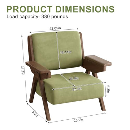 Accent Chair, Mid-Century Modern Velvet Lounge Chair with Wood Arms | Thick Cushioned Seat, Solid Wood Arms, Ergonomic Comfort for Living Rooms, Bedrooms, Reading Rooms & Reception Areas, Green