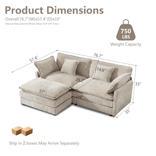 76.7" Cloud Sofa Couch, Modern Chenille Deep 2 Seater Loveseat with Moveable Ottoman and 4 Pillows, Comfy Modular L Shaped Couches for Small Living Room, Apartment, Studio, Office, Camel