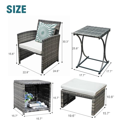 6 Piece Patio Furniture Conversation Set with Ottoman, Outdoor Grey Wicker Chair and Table Set, Balcony Furniture for Apartments, White