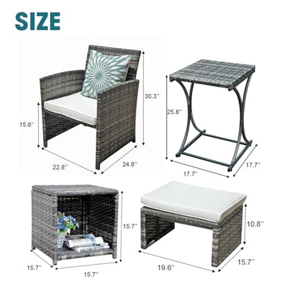 6 Piece Patio Furniture Conversation Set with Ottoman, Outdoor Grey Wicker Chair and Table Set, Balcony Furniture for Apartments, White