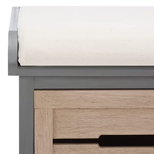 SAFAVIEH Home Collection – Briar 3-Drawer Upholstered Storage Bench, Farmhouse Entryway Accent Bench with Cushion Top, Distressed Grey Frame & Sand Drawer Fronts (BCH5700C)