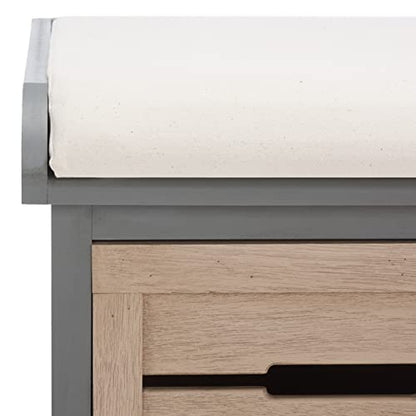 SAFAVIEH Home Collection – Briar 3-Drawer Upholstered Storage Bench, Farmhouse Entryway Accent Bench with Cushion Top, Distressed Grey Frame & Sand Drawer Fronts (BCH5700C)