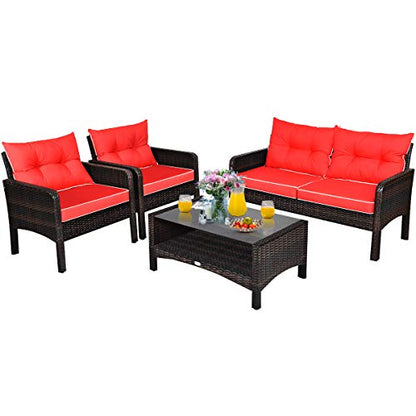 4 Piece Patio Furniture Set, Outdoor Wicker Conversation Set with Glass Top Coffee Table, All Weather Proof and Thick Cushions, Suitable for Porch, Garden, Poolside and Lawn (Red)