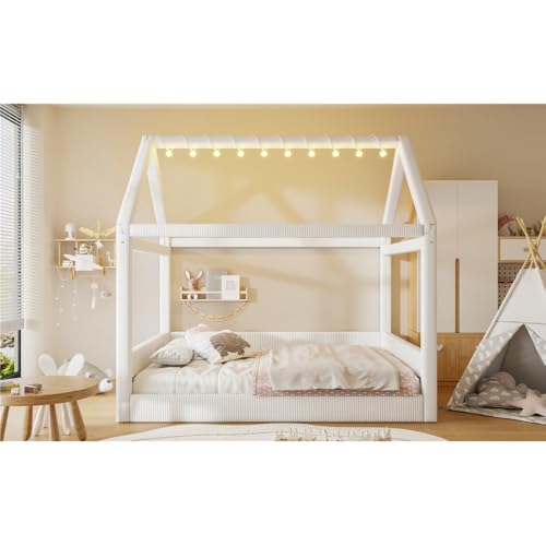 Full Size Upholstered House Daybed with LED Light Strips,Beige