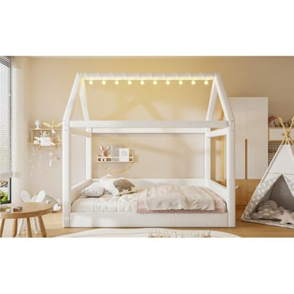 Full Size Upholstered House Daybed with LED Light Strips,Beige