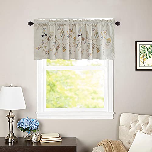 Floral Embroidered Pattern Kitchen Valances for Windows, Linen Rod Pocket Curtains Valance for Living Room, 52 Inch Wide by 18 Inch Long, One Panel