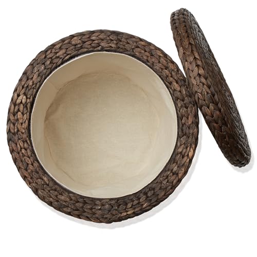 17" Round Storage Ottoman with Lid - Espresso Dark Brown, Handwoven Water Hyacinth Footstool for Living Room, Bedroom, Bathroom, Home Office