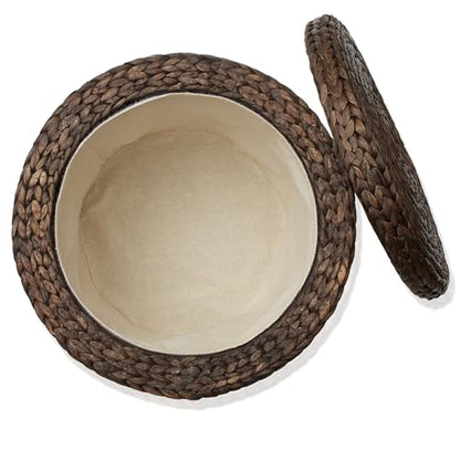 17" Round Storage Ottoman with Lid - Espresso Dark Brown, Handwoven Water Hyacinth Footstool for Living Room, Bedroom, Bathroom, Home Office