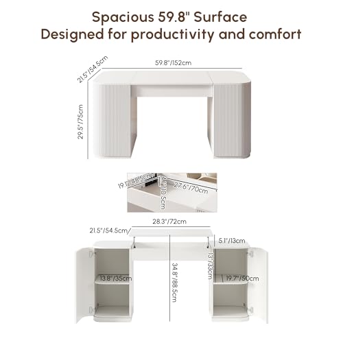 Modern 59.8" Lift-Top Home Office Desk, Engineered Wood Fluted Desk with 2 Doors Ample Storage for Working, Study, Reading Room, White