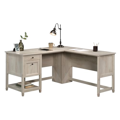 Edge Water L-Shaped Corner Desk with Storage Drawers and Open Shelf, in Chalked Chestnut