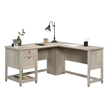 Edge Water L-Shaped Corner Desk with Storage Drawers and Open Shelf, in Chalked Chestnut