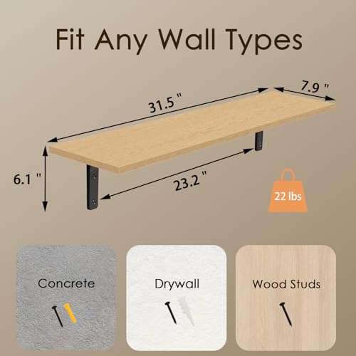 Long Wall Shelves, 31.5 Inch Wall Mounted Shelves Set of 2, Easy-to-Install, Floating Storage Ledges with Sturdy Metal Brackets for Living Room, Bathroom, Bedroom, Kitchen, Natural
