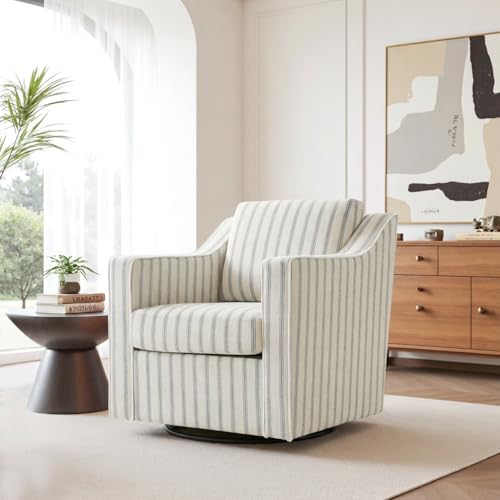Swivel Accent Chair, 360° Swivel Upholstered Club Armchairs for Living Room, Comfy Fabric Single Sofa Reading Chair with Deep Seat, Metal Swivel Base, Pinstripe Light Blue