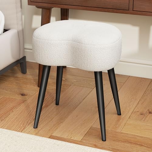 Teddy Velvet Vanity Stool, Upholstered Makeup Chair with Sturdy Metal Legs, Soft Padded Ottoman Footrest, Modern Accent Stool for Bedroom, Living Room, Entryway (White, 17.7in H)