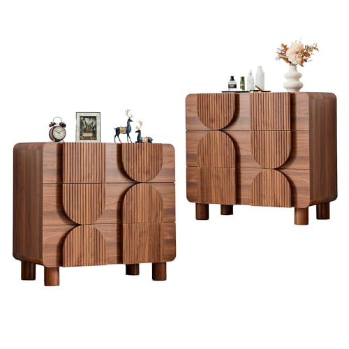 Set of 2 walnut mid century 3 drawer nightstands with curved profile, view 2