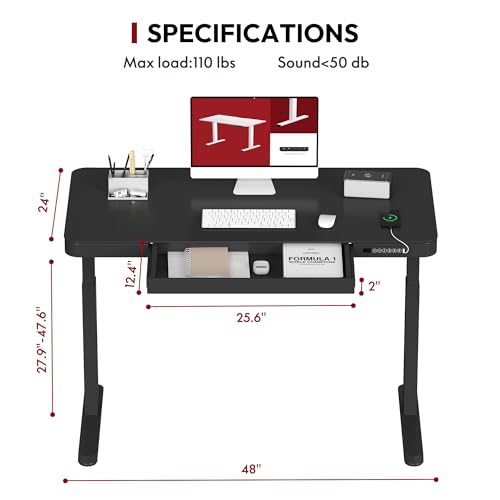 Standing Desk with Drawer, Electric Height Adjustable Home Office Desk with Storage & USB Ports, 48 inch Black Wood Tabletop/White Frame
