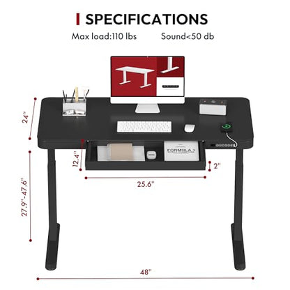 Standing Desk with Drawer, Electric Height Adjustable Home Office Desk with Storage & USB Ports, 48 inch Black Wood Tabletop/White Frame