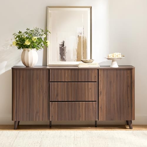 CHITA 62" Fluted Sideboard Buffet Cabinet with 3 Drawers, Walnut, view 7