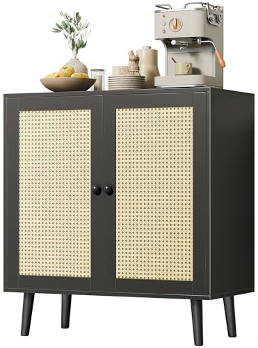 Buffet Cabinet with Storage, Storage Cabinet with Synthetic Rattan Decor Doors, Solid Wood Feet, for Hallway, Entry, Living Room, Black