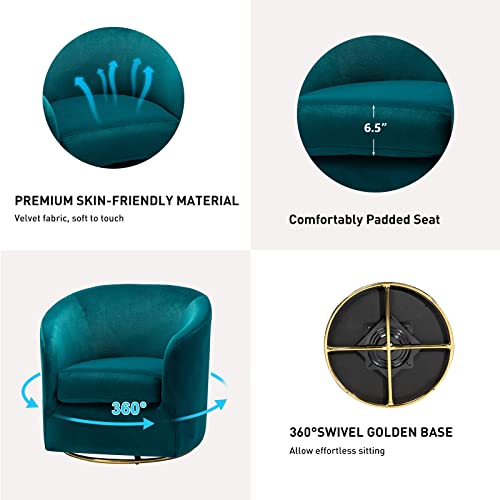 Swivel Accent Chair with Gold Metal Base, Contemporary Velvet Curved Swivel Barrel Chair, Upholstered Club Armchair, Leisure Single Sofa for Living Room, Nursery, Bedroom(Teal)