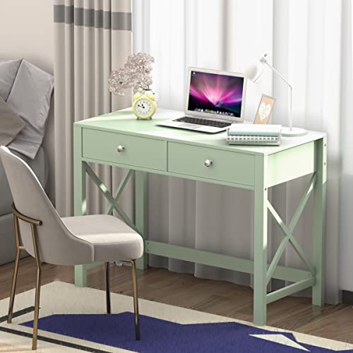 Home Office Desk with Drawers, Modern Writing Computer Desk for Bedroom, Small Makeup Vanity Table Study Table for Home Office,Green