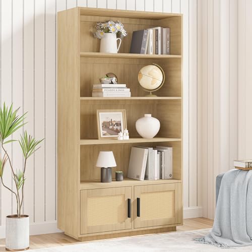 GAOMON Boho Bookcase with Rattan Doors, 5 Tier Bookshelf, Wooden Bookcase and Bookshelf with Storage, Tall Book Stand, Large Bookshelf for Living Room, Bedroom, Home Office, Kitchen