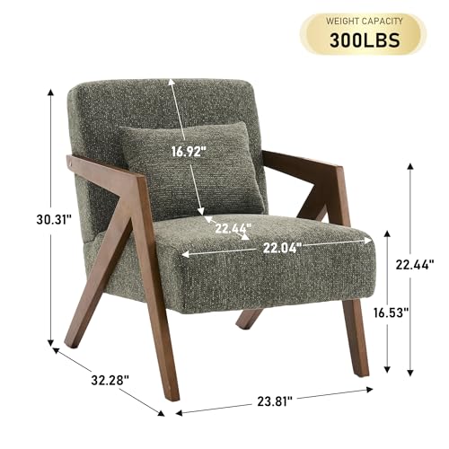 Mid-Century Modern Accent Chair Set of 2 with Solid Wood Frame，Upholstered Chenille Living Room Arm Chairs with Pillow for Bedroom, Living Room, Reading Room, Balcony, Green