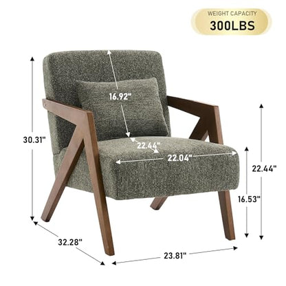 Mid-Century Modern Accent Chair Set of 2 with Solid Wood Frame，Upholstered Chenille Living Room Arm Chairs with Pillow for Bedroom, Living Room, Reading Room, Balcony, Green
