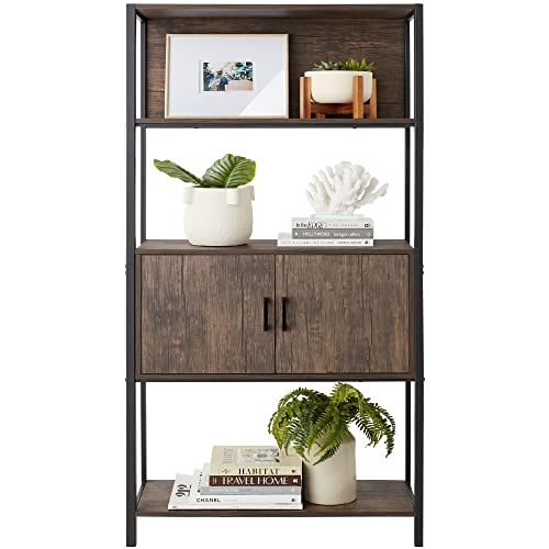 Best Choice Products 4-Tier Bookshelf, Tall Bookcase, Wood Storage Cabinet for Living Room, Bedroom, Entryway, Home Office w/Cabinet, Enclosed Storage, Shelf Space, Metal Sturdy Frame - Dark Walnut