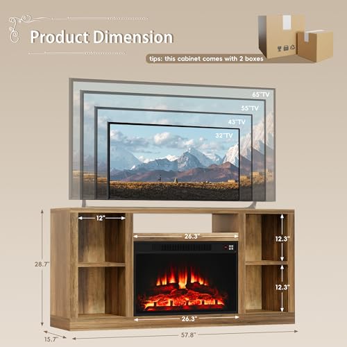 58 Inch Fireplace TV Stand for TVs up to 65+ Inch, Yellow Barnwood, view 3