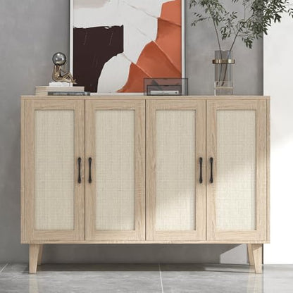 Buffet Storage Cabinet with Rattan Decorating 4 Doors Living Room Kitchen Sideboard 48.43 x 34.65 x 15 inch (Natural Wood)