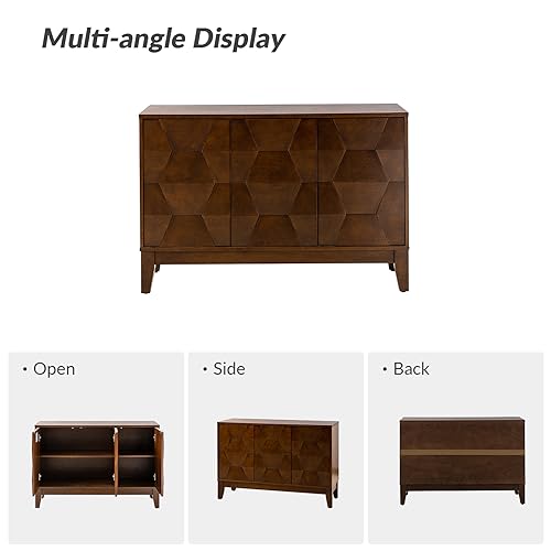 Modern Kitchen Buffet Cabinet Storage Sideboard with 3D Geometric Design, Freestanding Floor Cabinet with 3 Doors & 2 Adjustable Interior Shelves for Living Room Dining Room Hallway,Walnut
