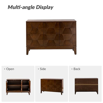 Modern Kitchen Buffet Cabinet Storage Sideboard with 3D Geometric Design, Freestanding Floor Cabinet with 3 Doors & 2 Adjustable Interior Shelves for Living Room Dining Room Hallway,Walnut