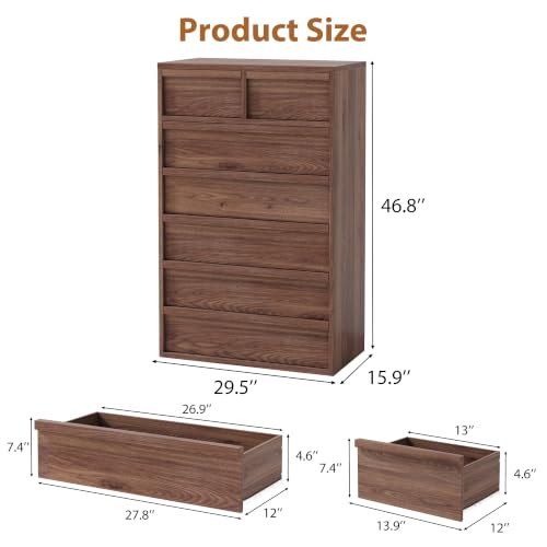 7 Dresser for Bedroom 46.8" Tall Dresser with Storage Wooden, Walnut, view 3