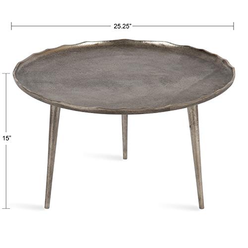 Alessia Modern Round Metal Coffee Table, 26 x 26 x 16, Silver, Sand Cast Aluminum Coffee Table with Raised Deckled Edge for Storage and Display
