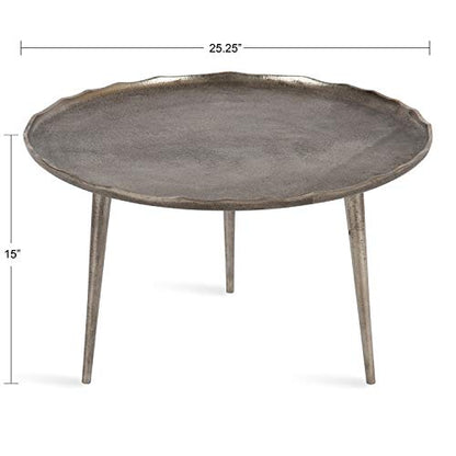 Alessia Modern Round Metal Coffee Table, 26 x 26 x 16, Silver, Sand Cast Aluminum Coffee Table with Raised Deckled Edge for Storage and Display